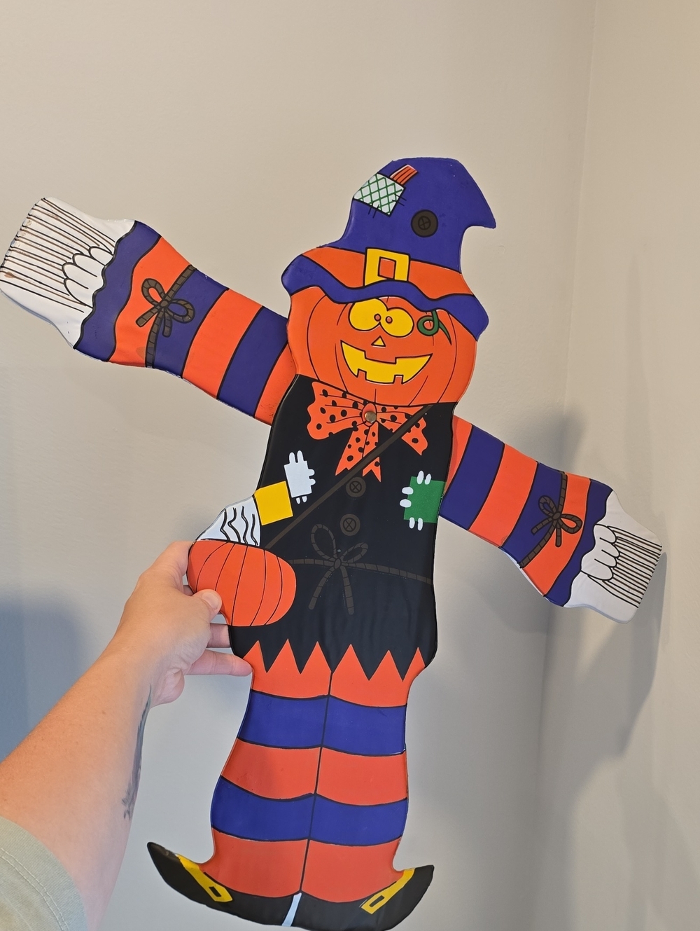Vintage 90s Halloween Puffy Pumpkin Scarecrow Jointed Wall Decor Movable Arms